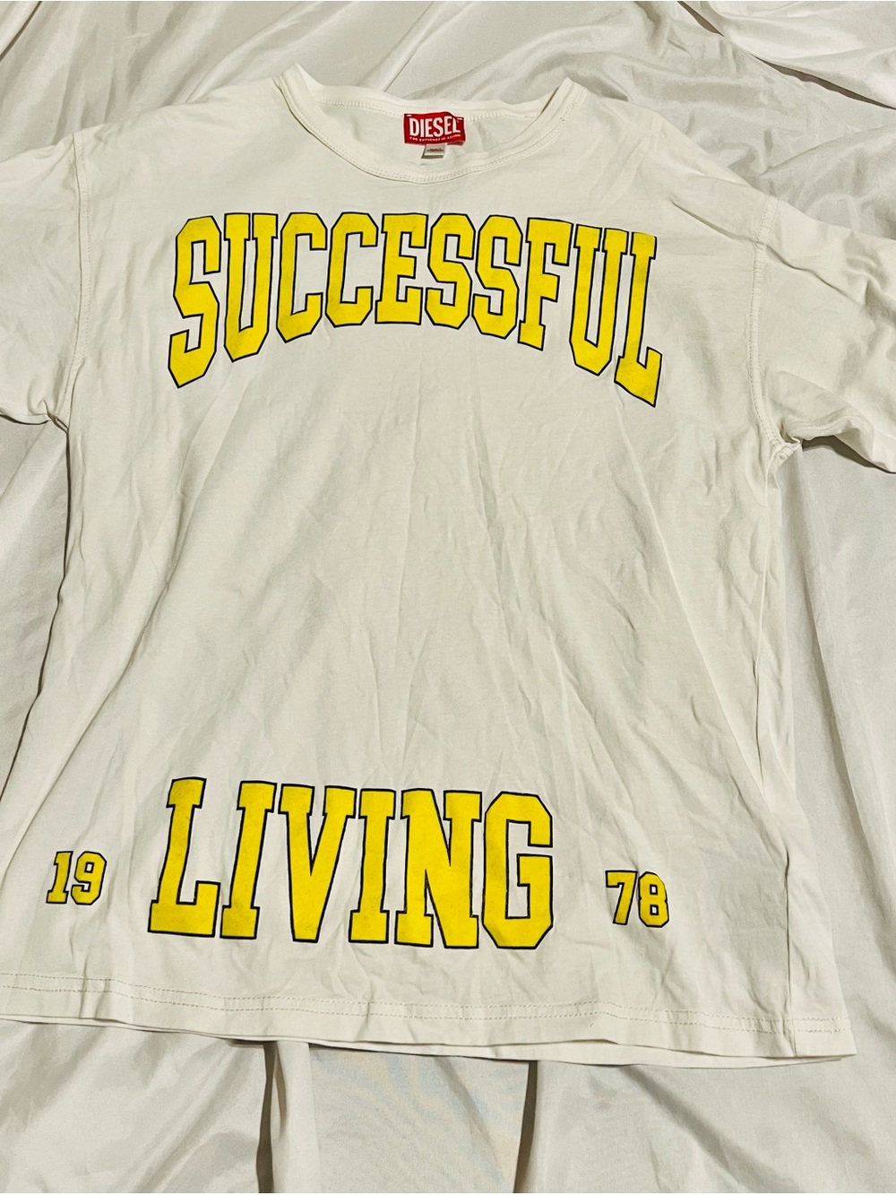 Diesel White Tee with Yellow 'SUCCESSFUL LIVING' Graphic Men’s S